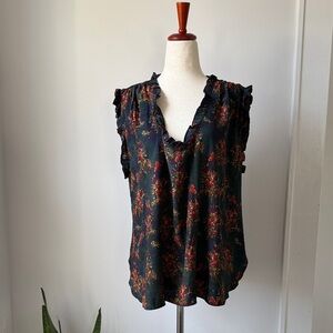 NATURAL LIFE Dark Floral Ruffle Blouse Size Small Oversized Boho Top